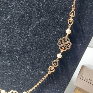 Vintage Avon Hearts & Lace Necklace With Faux Pearls 28" Long